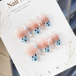 纯手工穿戴甲猫眼腮红晕染手绘豹纹蝴蝶结小红书同款 蓝豹甜星