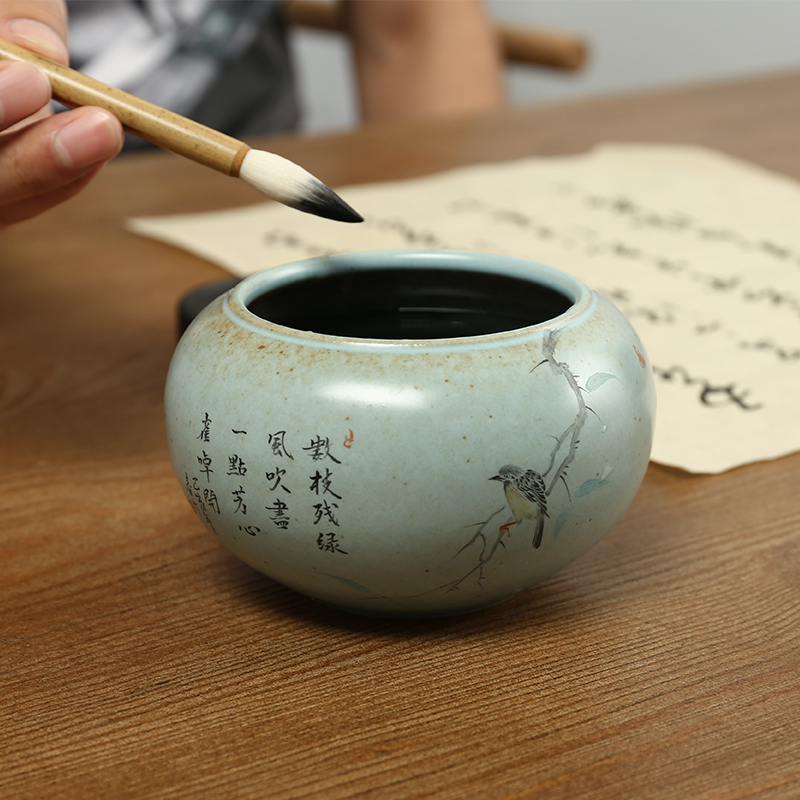 匠人手绘景德镇陶瓷笔洗水盂水丞小摆件 文房禅意创意枝头鸟小笔洗全
