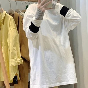 宽松韩版 上衣 长袖 打底衫 春秋冬季 加绒加厚白色t恤女设计感中长款