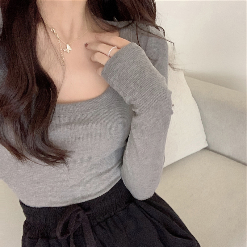 速发打底衫早春2021新纯内搭上衣u领款欲恤袖紧身t长潮