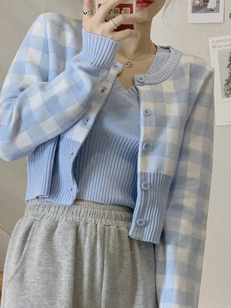 CARDIGAN SWEATER JACKET 2024 NEW SPRING KOREAN VERSION GENTLE WIND BLUE PLAID LOOSE SHORT KNIT TOP WOMEN
