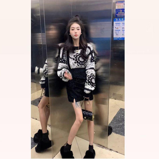 洋气甜酷辣妹复古港风氛围感秋冬外穿撞色提花圆领套头毛衣外套女