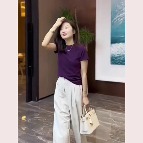 法式高端简约紫色正肩短袖t恤女