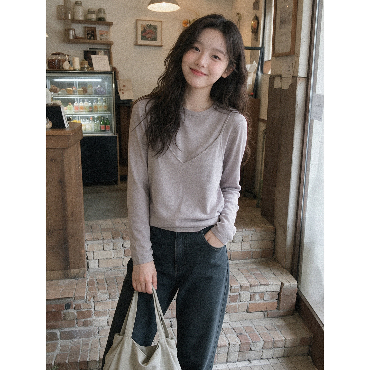 韩系简约低饱和氛围感春秋叠穿长袖针织上衣吊带背心两件套女