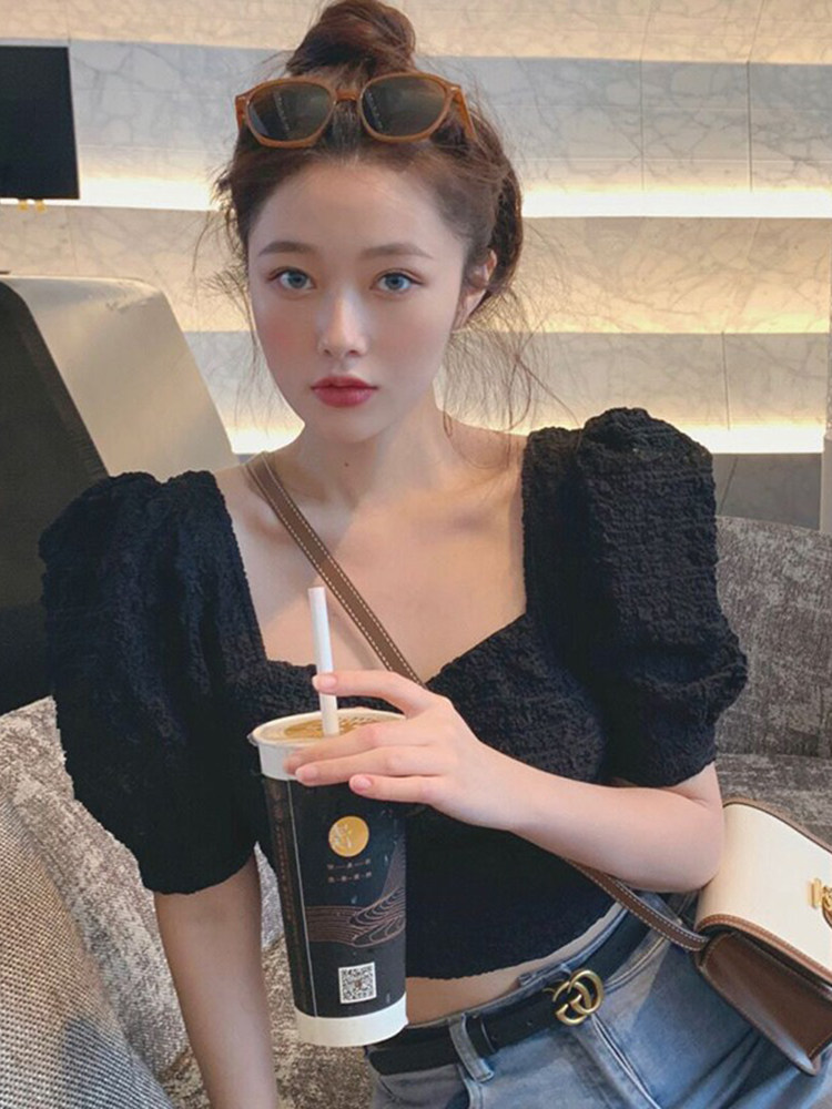 2024 봄 신작 프렌치 퍼프 슬리브 스퀘어 넥 짧은 레트로 하이 웨이스트 슬림 티셔츠 여성 스퀘어 넥 허리 탑
