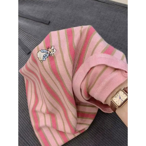 粉色条纹卡通刺绣针织衫女