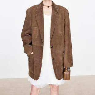 2024春秋季新款~真皮皮衣~复古牛皮反绒美拉德老钱风廓形西装外套