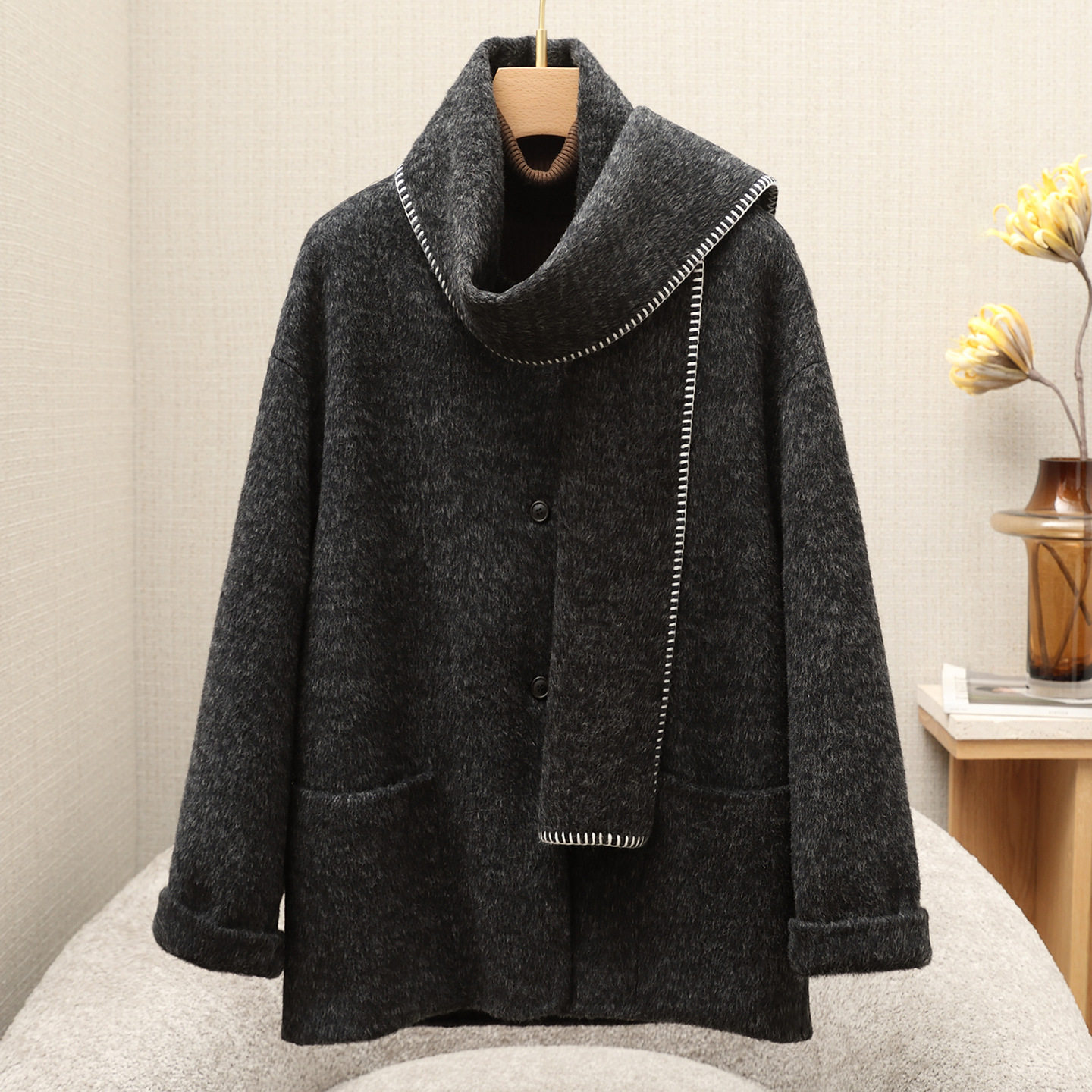 秋冬新款双面羊绒大衣女短款2026新款围巾领高级感羊毛呢子外套女