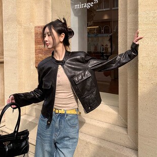 海宁2025秋冬新款真皮皮衣女短款油蜡皮短款拉链外套牛皮夹克上衣