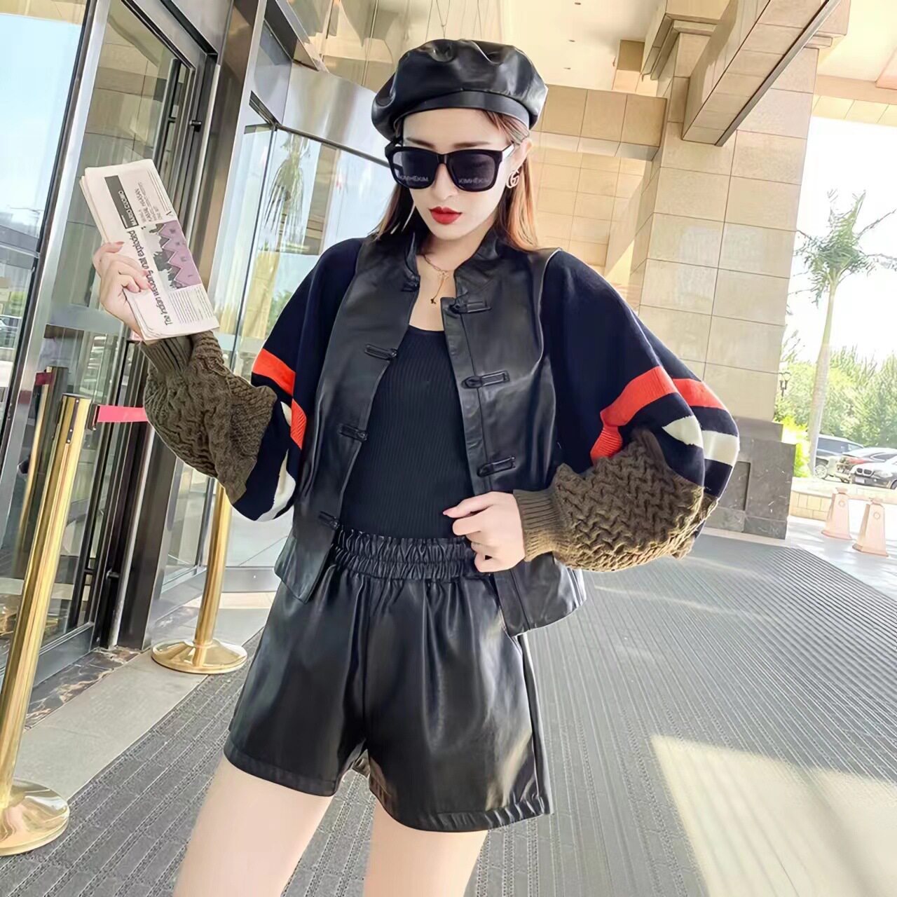 真皮皮衣女2024年秋冬立领上衣盘扣拼接针织袖皮夹克外套蝙蝠袖