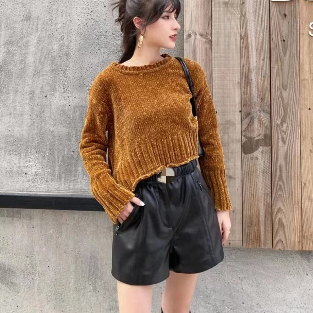 松紧腰海宁真皮短裤女2休闲裤