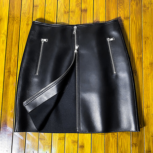 小黑裙真皮a字半身裙女黑色短裙遮肚子半裙绵羊皮裙子秋冬小个子