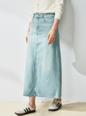 25春夏高腰牛仔A字半裙百搭直筒显瘦浅蓝色通勤开衩经典裙子18438