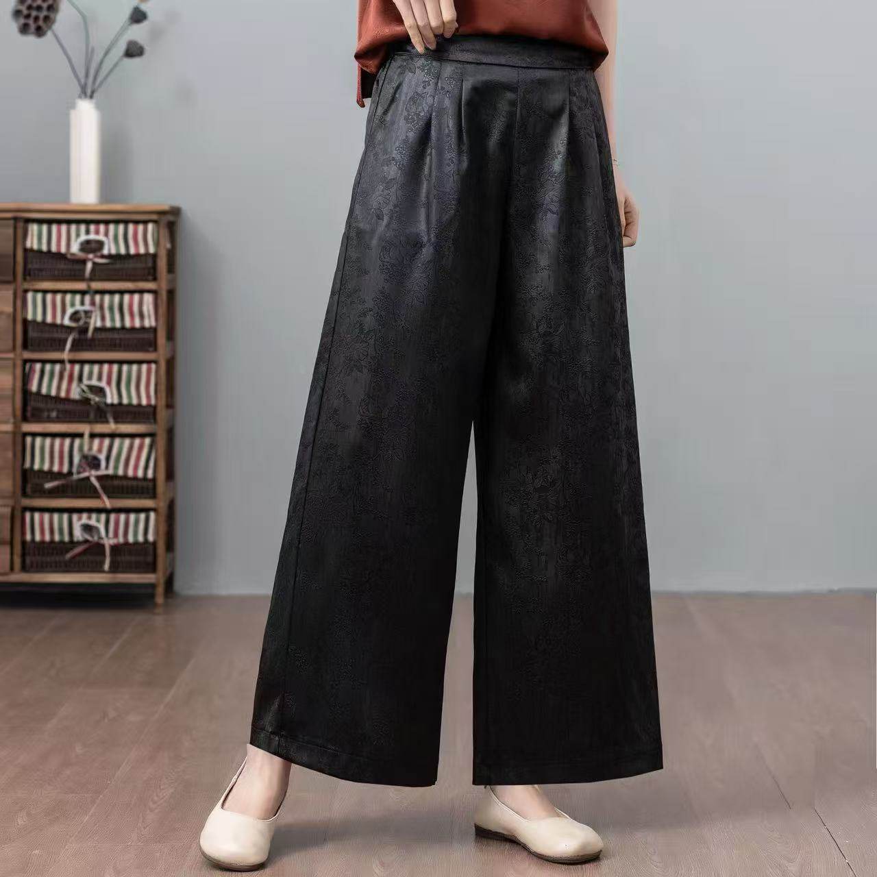 提花长款修身时尚直筒裤24年春款后腰松紧气质通勤窄版阔腿裤薄款,女装/女士精品,休闲裤,淘宝优惠券,粉丝福利购,淘宝优惠卷