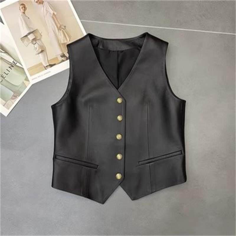 真皮绵羊皮西装马夹女2023秋季新款V领短款无袖马甲修身时尚上衣