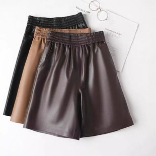 休闲皮裤 高腰松紧阔腿五分裤 绵羊皮宽松 女新款 2024年秋冬真皮中裤