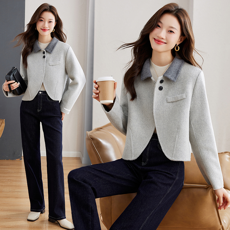 2024春装新款小香风纯手工缝制双面呢羊绒大衣短款羊毛呢外套女