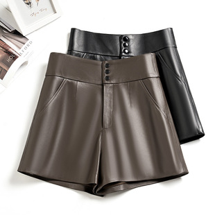 真皮短裤女士2024春秋新款高腰a字阔腿靴裤绵羊皮百搭显瘦休闲裤