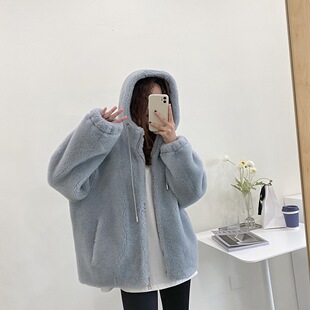2024年秋冬羊羔毛皮草外套女连帽羊剪绒皮毛一体韩版廓形加厚保暖