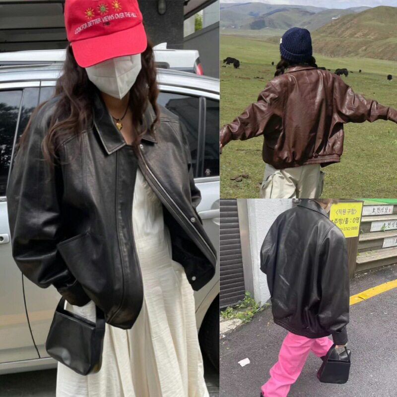 韩国2024年秋冬新款慵懒复古机车风羊皮夹克皮衣女休闲真皮外套