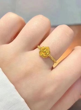 新款沙金色玫瑰花戒指铜镀金可调节指环母亲节送妈妈送女友可调节