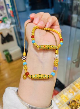 新中式沙金九眼天珠金刚杵吊坠手链项链绿松石转运珠毛衣链女时尚