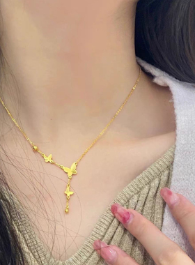 新款锡金蝴蝶结流苏项链女在逃公主锁骨项链情人节送女友