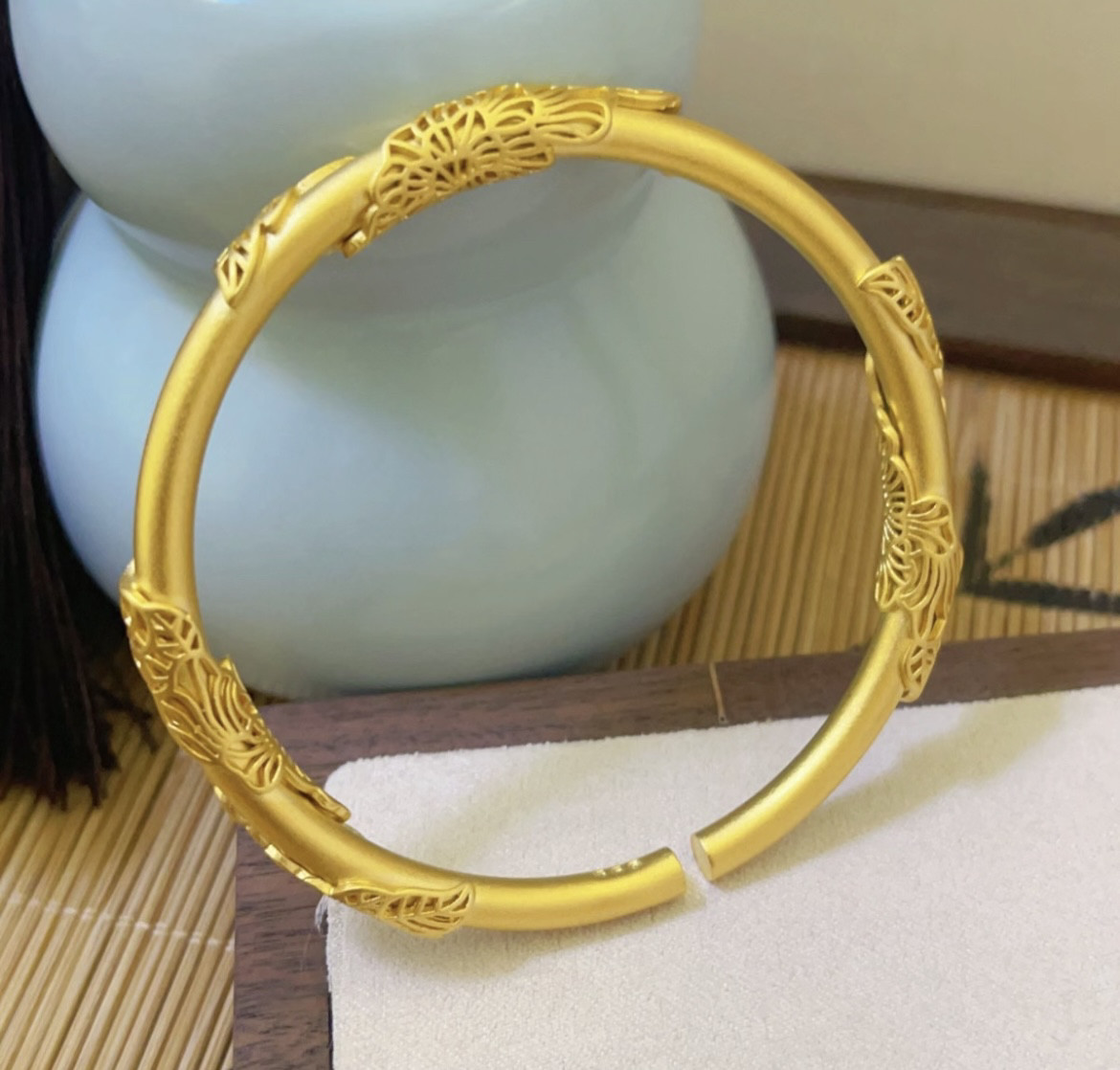 越南沙金手镯女国潮古法树叶铜合金手环复古相思藤手镯首饰品