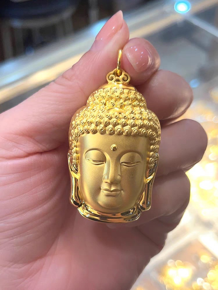 越南沙金平安福字佛头吊坠大日如来佛像挂坠圆珠链铜镀金项坠