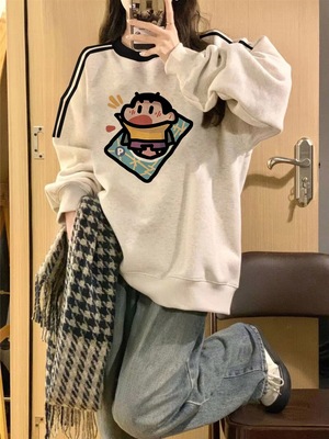 潮牌美式复古圆领卫衣女装春秋薄款大码慵懒宽松套头上衣