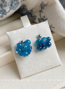 韩代同款~玻璃琉璃水晶蓝色葡萄串手工编织耳饰 新款义乌工厂耳环