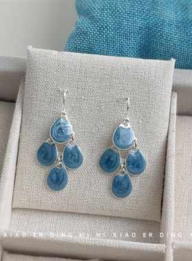 度假风长款流苏水滴清新甜美蓝色系耳环原创民族风新款耳饰女工厂