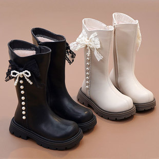 女童马丁靴高筒靴2025冬季新款女童中筒皮靴加绒骑士靴不过膝长靴