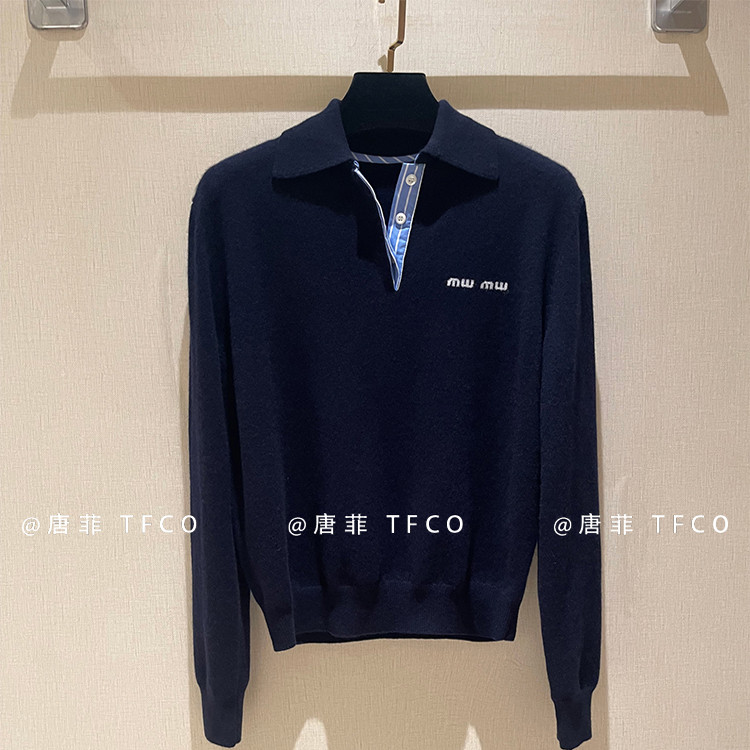 美式学院风针织衫女polo领显瘦长袖深蓝色上衣