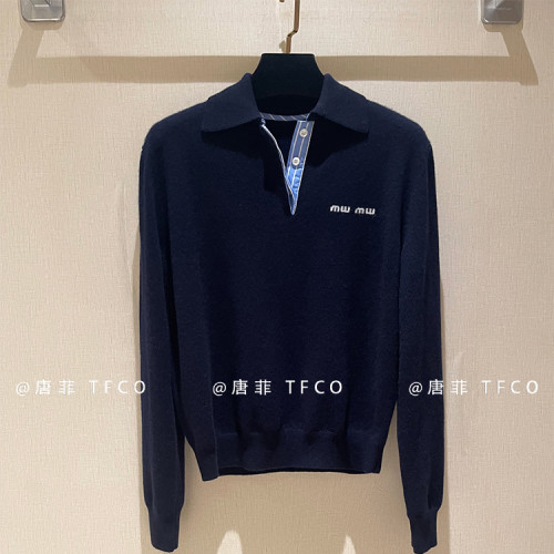 美式学院风针织衫女polo领显瘦长袖深蓝色上衣