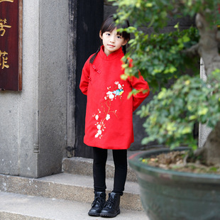 绣梅花旗袍红呢子连衣裙拜年服亏本清仓 女童新年装