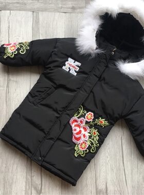 品牌童装女童中童中长款加厚绣花真毛领棉衣亏本