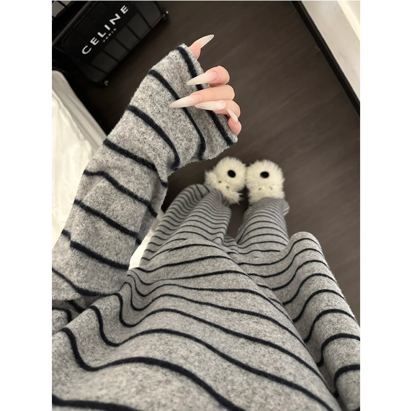 韩系条纹设计感休闲磨毛睡衣女秋季大码舒适家居服两件套装可外穿