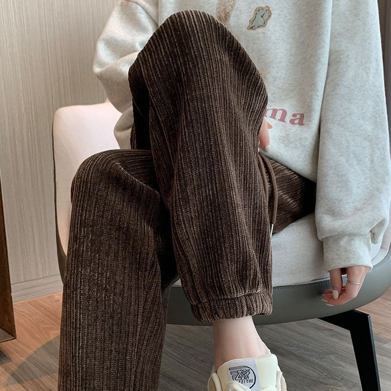 咖色运动裤春秋冬季女休闲束脚雪尼尔加绒裤子显瘦九分灯芯绒卫裤
