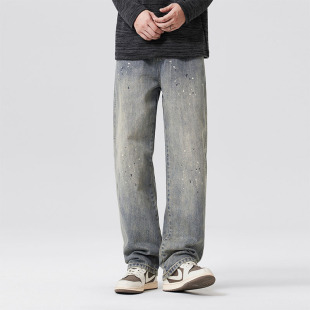 子 男潮牌合体直筒阔腿长裤 秋冬美式 高街做旧泼墨水洗牛仔裤