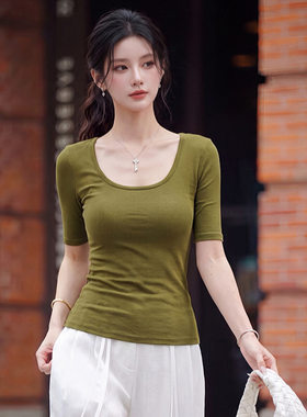 正肩高弹亲肤中袖t恤女 百搭纯色修身显瘦慕斯羊绒打底衫跨境