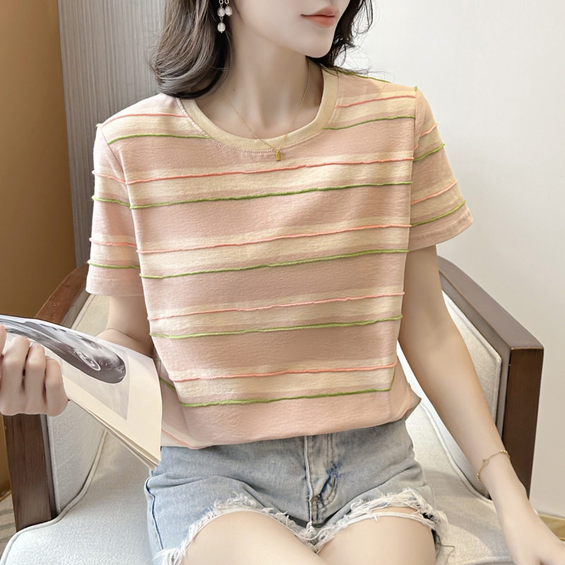 034撞色条纹正肩短袖t恤女夏季夏宽松纯棉半袖小个子2024新款上衣