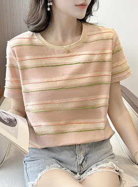 034撞色条纹正肩短袖t恤女夏季夏宽松纯棉半袖小个子2024新款上衣