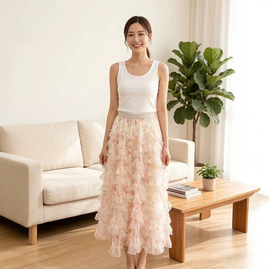 菲媛甜美碎花蓬蓬蛋糕裙女 早秋新款设计感清新半身裙跨境出口