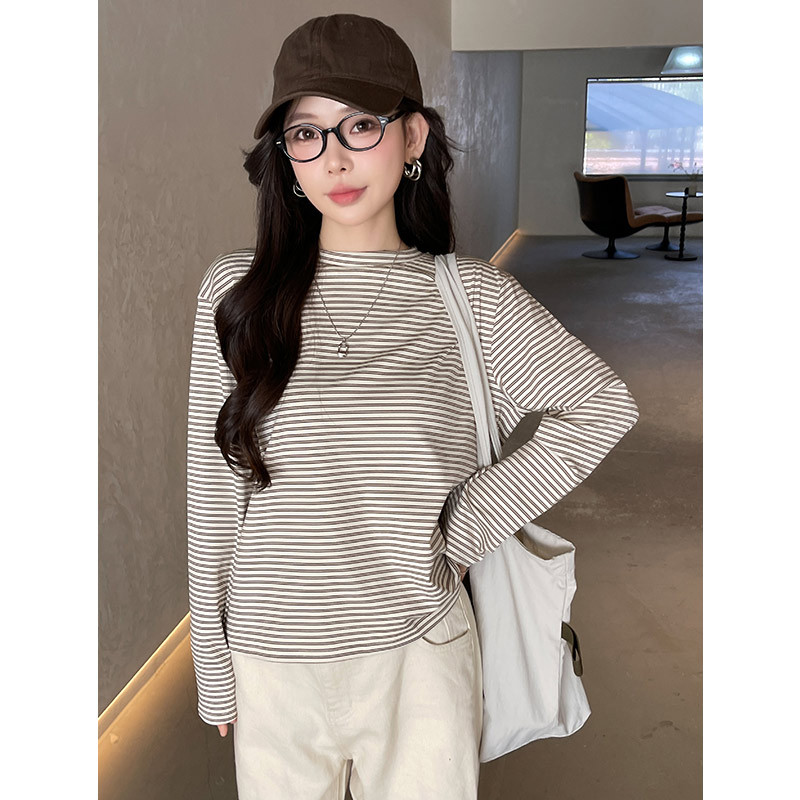 条纹长袖T恤女2026年春秋冬季圆领宽松内搭慵懒风打底衫百搭上衣