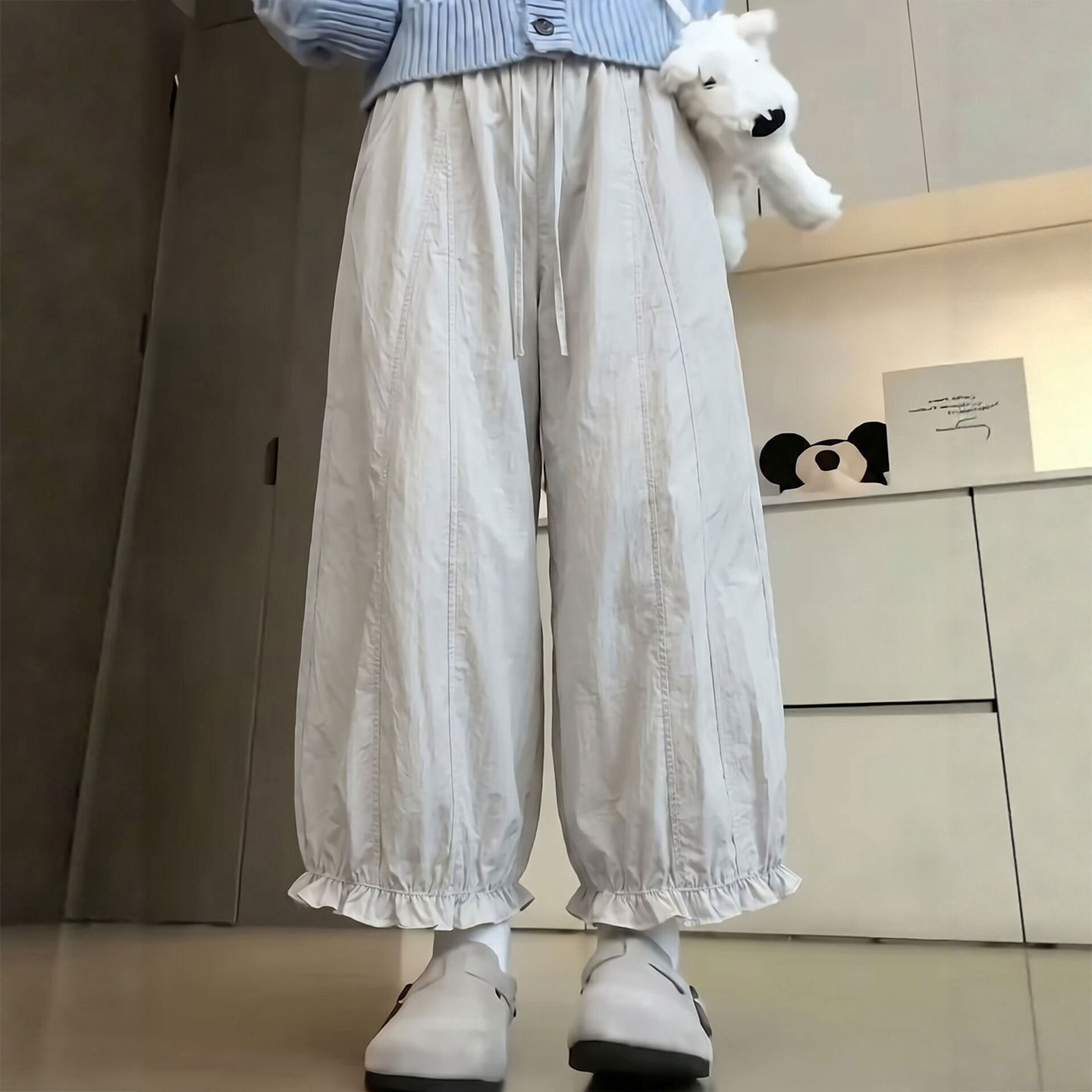 浅卡其花苞裤女2026新款夏季薄款冰丝防晒小个子九分阔腿灯笼裤子
