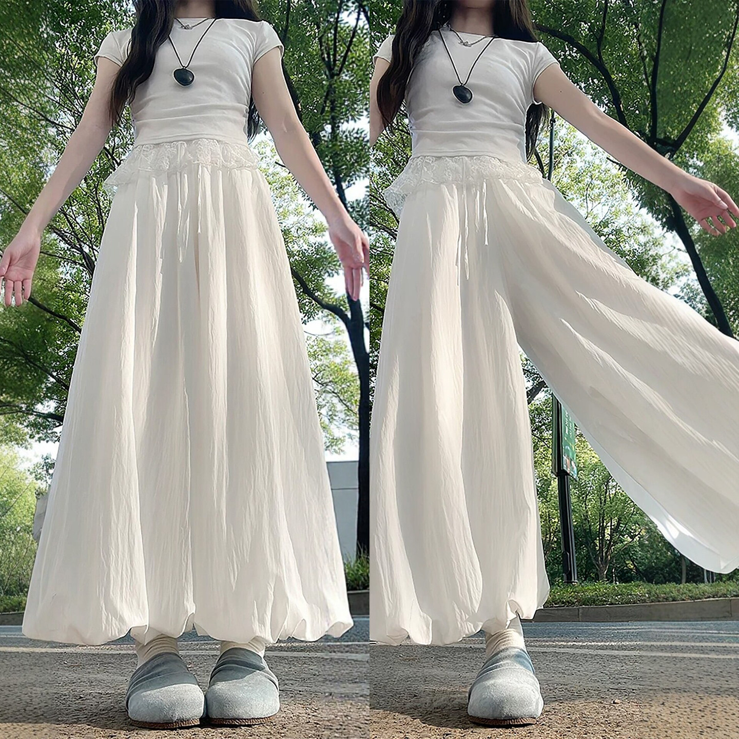 白色花苞裙裤女夏季新款高腰宽松显瘦慵懒灯笼裤小个子休闲阔腿裤
