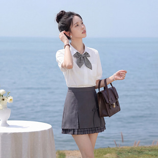春夏新款 菲媛学院风格 纹拼接西装 短裙 百搭小个子防走光A字裙 时尚