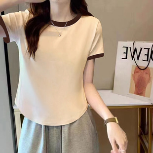 95棉 短袖 T恤女2024夏季 设计感小众别致百搭显瘦上衣 撞色圆领修身