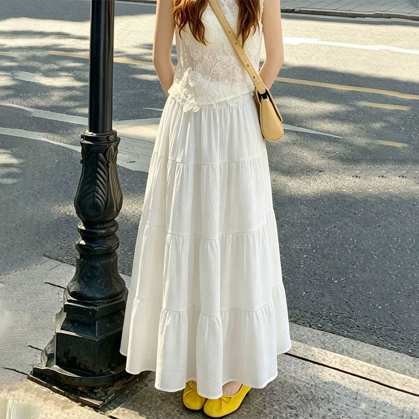 白色半身裙女夏季2026新款高腰a字显瘦半裙小个子百褶蛋糕长裙子
